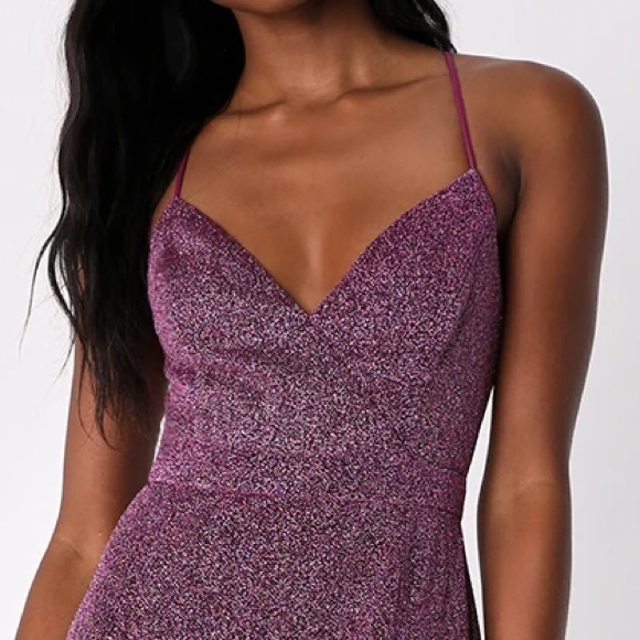 Lulu’s Truly Dazzling Magenta Purple Multi Glitter Sparkle Spaghetti Straps Gown - Picture 8 of 11